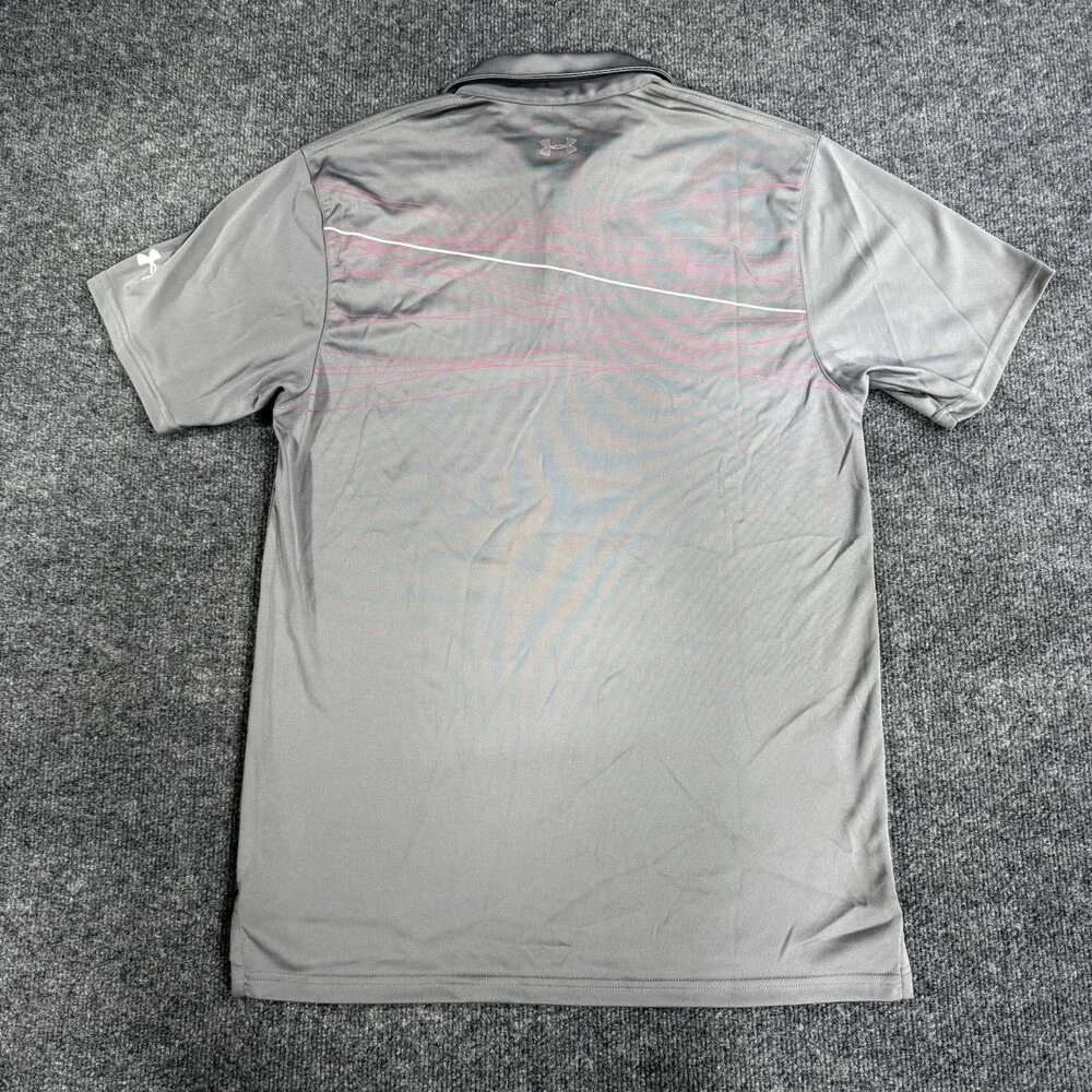 Under Armour Mens Golf Polo Size Small Gray Pink Line Print HeatGear Loose Fit